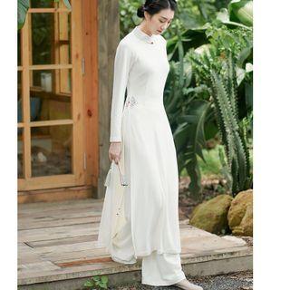 Long-sleeve Embroidered Slit Midi Dress / Wide Leg Pants / Set