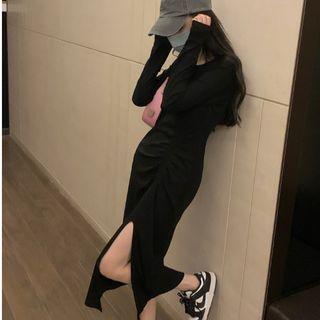 Plain Slit Midi Bodycon Dress Black - One Size
