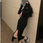 Plain Slit Midi Bodycon Dress Black - One Size