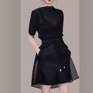 Set: Short-sleeve Mesh Mini Dress + Mini A-line Skort