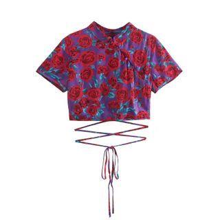 Short-sleeve Floral Lace Up Cropped Blouse