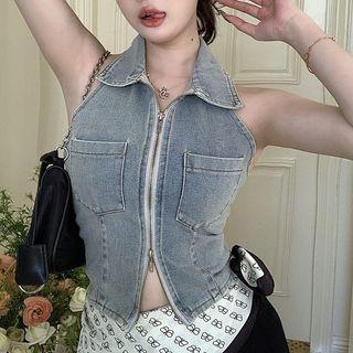 Halter-neck Collared Zip Denim Top