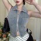 Halter-neck Collared Zip Denim Top