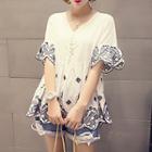 Embroidered V-neck Bell-sleeve Blouse