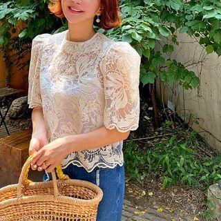 Puff-shoulder Sheer Lace Blouse Beige - One Size