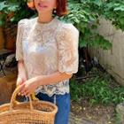 Puff-shoulder Sheer Lace Blouse Beige - One Size