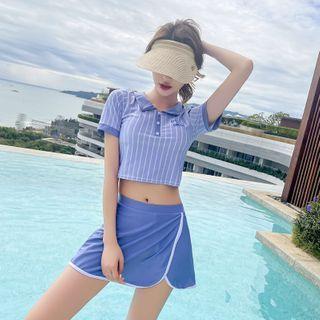 Set: Short-sleeve Polo-neck Striped Swim Top + Swim Skirt