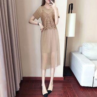 Set: Lace Camisole Top + Mesh Panel Short-sleeve A-line Dress