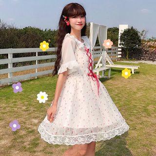 Dotted Spaghetti Strap A-line Dress / Elbow-sleeve Blouse