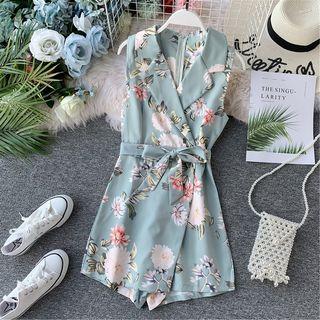 Floral Print V-neck Playsuit With Sash
