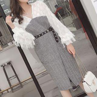 Long-sleeve Furry Panel Patterned Dress