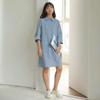 3/4-sleeve Shirtdress Blue - One Size
