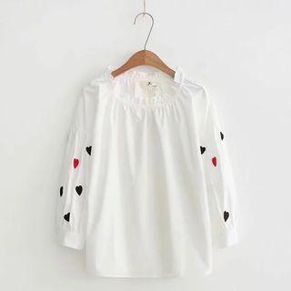 Heart Embroidered Blouse White - One Size