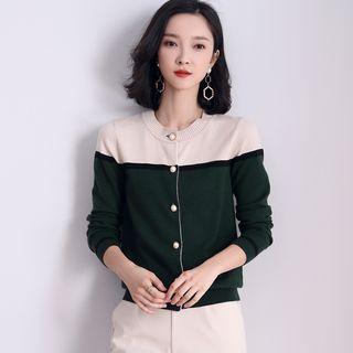Faux Pearl Button Color Panel Cardigan