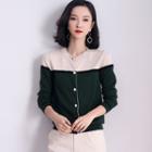 Faux Pearl Button Color Panel Cardigan