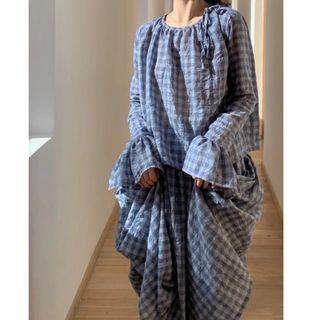 Long-sleeve Gingham Check Blouse / Midi Skirt