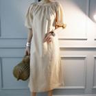 Off-shoulder Balloon-sleeve Linen Dress