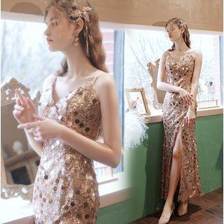 Spaghetti Strap Sequined Slit Evening Gown