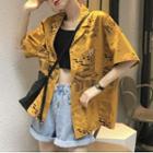 Elbow-sleeve Graphic Print Open-collar Shirt Yellow - One Size