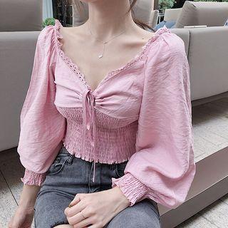 Lace Trim Off-shoulder Puff-sleeve Crop-top