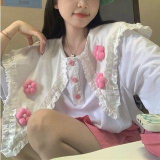 Short-sleeve Floral Ruffle Trim Polo Shirt