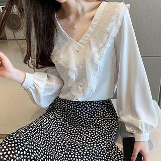 Long-sleeve Ruffled Mesh Paneled Chiffon Shirt