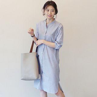 Cutout Striped Elbow-sleeve Shirt Dress