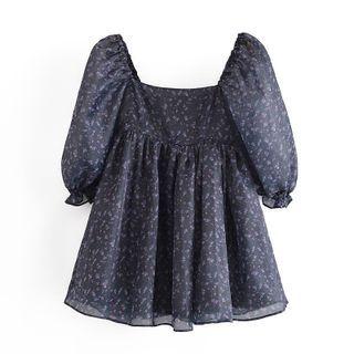 Puff-sleeve Print Mesh A-line Dress