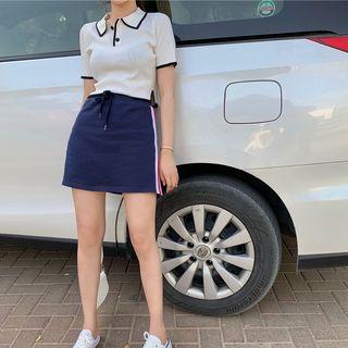 Short-sleeve Cropped Knit Polo Shirt / A-line Mini Skirt