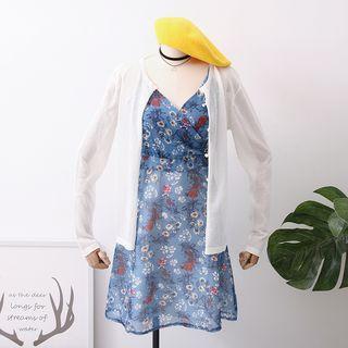 Set: Sleeveless Floral Dress + Light Knit Cardigan Blue + White - One Size
