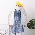 Set: Sleeveless Floral Dress + Light Knit Cardigan Blue + White - One Size