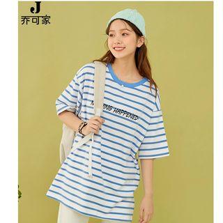 Lettering Striped Elbow-sleeve T-shirt Blue Stripe - White - One Size