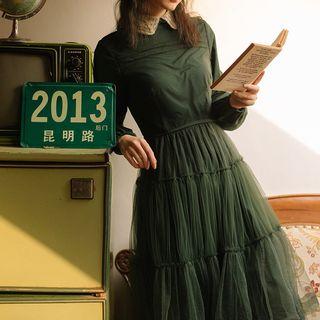 Long-sleeve A-line Mesh Midi Dress