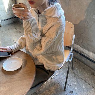 Turtleneck Cable Knit Half-zip Top Almond Beige - One Size