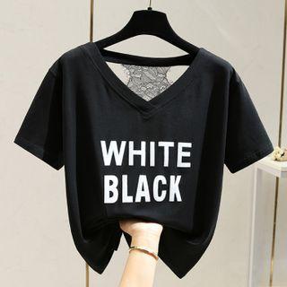 Short-sleeve V-neck Plain Lace-up Lettering Lace Back Slim-fit T-shirt