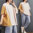 Short-sleeve Striped Panel Top As Shown In Figure - One Size
