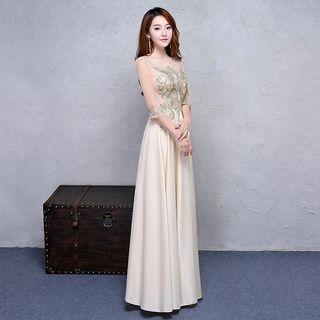 Embellished Elbow Sleeve A-line Evening Gown