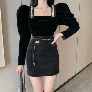 Long-sleeve Rhinestone Velvet Crop Top / Mini Pencil Skirt / Waist Chain / Set