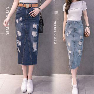Midi Distressed Denim A-line Skirt