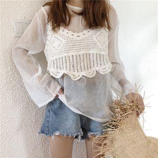 Set: Plain Long-sleeve Sheer Top + Crochet Camisole Top