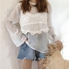 Set: Plain Long-sleeve Sheer Top + Crochet Camisole Top
