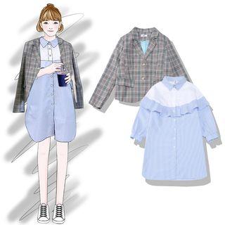 Set : Plaid Blazer + Lace Shirt Dress