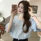 Puff-sleeve Beaded Square-neck Flower Embroidered Top