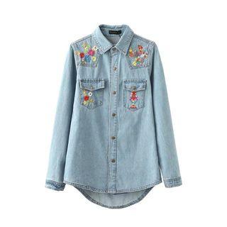 Floral Embroidered Single-breasted Long-sleeved Open-front Blouse