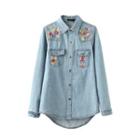 Floral Embroidered Single-breasted Long-sleeved Open-front Blouse