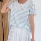 Embroidered Collar Striped Short Sleeve Top