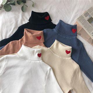 Turtleneck Heart Embroidered Knit Top