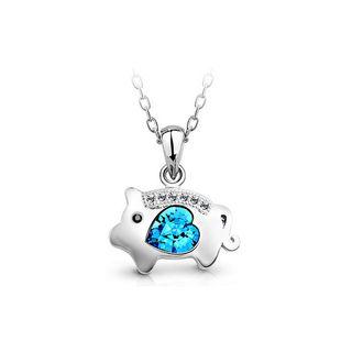 Chinese Zodiac Pig Pendant With Blue Austrian Element Crystal And Necklace