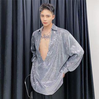 Long-sleeve V-neck Glitter Shirt