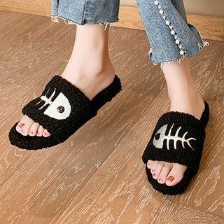 Fish Bone Embroidered Fluffy Slippers
